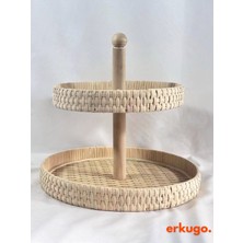 Erkugo 2 Katlı %100 El Yapımı Yuvarlak Sunumluk, Doğal Rattan Tabak, Sunum Tepsisi BH24375-2