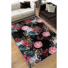 Homshtag Mutlu Çiçek Desenli Salon Halısı Siyah Renkli Oturma Odası Halısı Dekoratif Halı