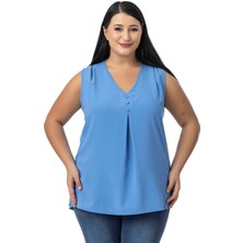 Disentis Modest Büyük Beden Kaplama Düğme Detaylı Kolsuz V Yaka Indigo Bluz