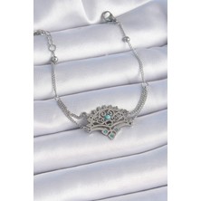 Clariss 316L Çelik Gümüş Renk Mavi Taşlı Etnik Desen Kadın Bileklik