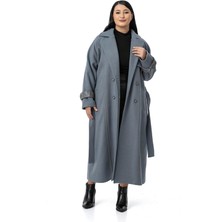 Disentis Modest Büyük Beden Deri Biye Detaylı Fleto Cepli Kuşaklı Astarlı Kaşe Uzun Mavi Kaban