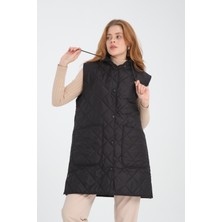 Wise Kadın Çıkarılabilir Kapüşonlu Oversize Kapitone Kumaşlı Yırtmaçlı Yelek