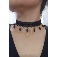 Bng Jewell Dantel Gotik Siyah  Doğaltaşlı Tasma Choker Kolye