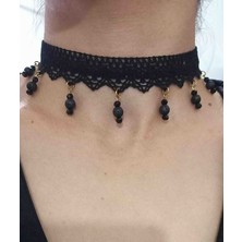 Bng Jewell Dantel Gotik Siyah  Doğaltaşlı Tasma Choker Kolye