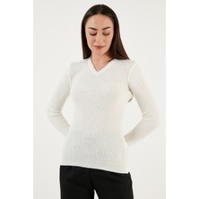 Fashion Friends Slim Fit V Yaka Fitilli Triko Kazak Bayan Kazak 24K0289K1