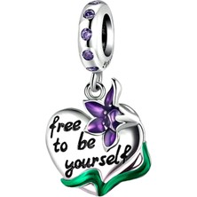 Defne Silver Kalp Mor Çiçekli Charm