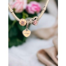 Defne Silver Pembe Çiçekli, Mor Taşlı Küre Charm