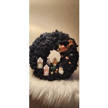 Siyah Renkli Ledli Özel Tasarım Hediye Dağıtan Kızaklı Noel Baba Motifli 30 cm Duvar Kapı Süsü