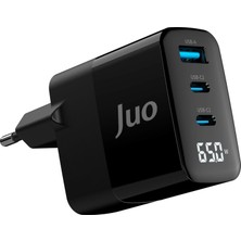 Juo 65W Gan LED Ekranlı Hızlı Şarj Cihazı 2 Type-C + Usb-A iPhone & iPad & Notebook Uyumlu Şarj Aleti