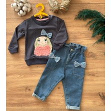 Ervuse Önü Detaylı Fiyonklu Kız Bebek Sweatshirt Pantolon Takım