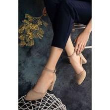 Kadın Bilekten Bağcıklı Topuklu Ayakkabı - Vizon Süet