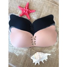 Mirach 2’li Paket Askısız Kelebek Sütyen Seti | Siyah ve Ten Dolgun Gösteren Dikişsiz Silikonlu