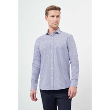 İmza Koyu Mavi Uzun Kol Kazayağı Desen Bez Ayağı Yarım Italyan Sert Yaka Cepli %100 Pamuk Classic Comfort Fit Gömlek 1004245189
