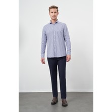 İmza Koyu Mavi Uzun Kol Kazayağı Desen Bez Ayağı Yarım Italyan Sert Yaka Cepli %100 Pamuk Classic Comfort Fit Gömlek 1004245189