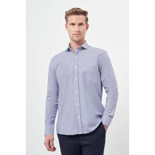 İmza Koyu Mavi Uzun Kol Kazayağı Desen Bez Ayağı Yarım Italyan Sert Yaka Cepli %100 Pamuk Classic Comfort Fit Gömlek 1004245189