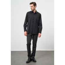 Siyah Uzun Kol Düz Sert Yaka Pamuklu Classic Comfort Fit Gömlek 1004245269