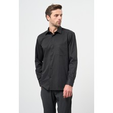 Siyah Uzun Kol Düz Sert Yaka Pamuklu Classic Comfort Fit Gömlek 1004245269