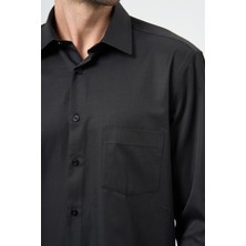 Siyah Uzun Kol Düz Sert Yaka Pamuklu Classic Comfort Fit Gömlek 1004245269