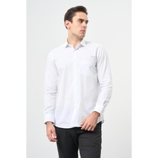 İmza Beyaz Uzun Kol Desen Yarım İtalyan Yaka Cepli Pamuklu Classic Comfort Fit Gömlek 1004245183