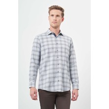 Koyu Mavi Uzun Kol Ekose Desen Gabardin Cepsiz Pamuklu Classic Comfort Fit Gömlek 1004245165