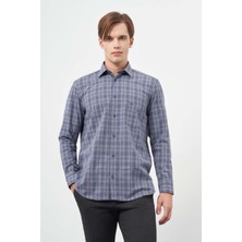 Koyu Lacivert Uzun Kol Ekose Desen Cepli Pamuklu Classic Comfort Fit Gömlek 1004245212
