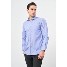 İmza Mavi Uzun Kol Desen Yarım İtalyan Yaka Cepli Pamuklu Classic Comfort Fit Gömlek 1004245195