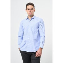Mavi Uzun Kol Kendinden Armürlü Yarım İtalyan Cepli Pamuklu Classic Comfort Fit Gömlek 1004245210