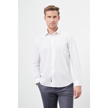 İmza Beyaz Uzun Kol Kendinden Armürlü Cepsiz Pamuklu Classic Slim Fit Gömlek 1004245202