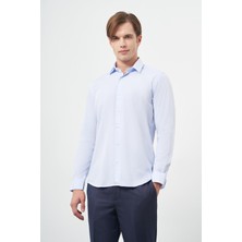 Koyu Mavi Uzun Kol Kendinden Armürlü Cepsiz Pamuklu Classic Slim Fit Gömlek 1004245202