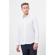 İmza Beyaz Uzun Kol Çizgili Desen Gabardin Sert Yaka Cepsiz Pamuklu Classic Slim Fit Gömlek 1004245205