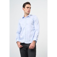 İmza Mavi Uzun Kol Düz Bez Ayağı 032 Sert Yaka Classic Slim Fit Gömlek 1004245324