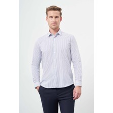 İmza Beyaz Uzun Kol Çizgili Desen Oxford Sert Yaka Cepsiz Pamuklu Classic Slim Fit Gömlek 1004245206