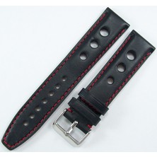 Ezgi Elektronik Bizon Siyah Deri Saat Kordonu 20MM Kırmızı Dikişli Delikli Saat Kayışı