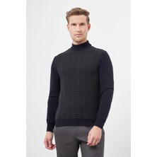 Koyu Lacivert Uzun Kol Kendinden Örme Yarım Balıkçı Yaka Classic Comfort Fit Triko 1012245157