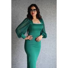 Kadın U Yaka Kolları Tül Yaka Taş Detay Abiye Elbise (Renkli)