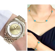 Ferrucci Gold Çelik Şık Kadın Kol Saati+Nazarlıklı Set Hediye