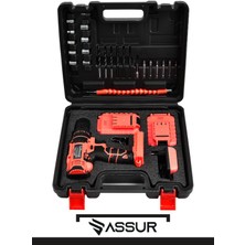 Assur 12V 1.5 Ah Metal Şanzıman Çift Akülü Şarjlı Darbeli Matkap 24 Parça Akülü Vidalama