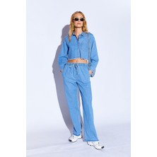 Edition Mavi Crop  Soft Dokulu Denim Yıpratma Detaylı Kadın Jean Gömlek - 9600