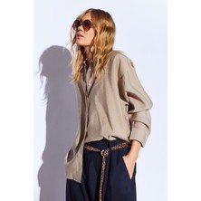 Edition Toprak Modal Soft Dokulu Yumuşak Gizli Pat Detaylı Oversize Kadın Gömlek - 8262