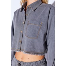 Edition Gri Crop  Soft Dokulu Denim Yıpratma Detaylı Kadın Jean Gömlek - 9600