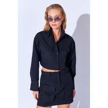 Edition Siyah Kalın Soft Dokulu Çift Cep  Kapaklı Crop Kadın Gömlek Ek10009007