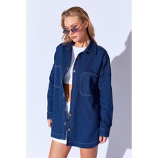 Edition Lacivert Gabardin Yıkamalı Dikiş Detaylı Çift Cep Oversize Kadın Dış Gömlek Ek100169415
