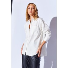 Edition Beyaz Oversize Tek Cepli Gabardin Rahat Kesim Soft Dokulu Pamuk Kadın Gömlek - 8174