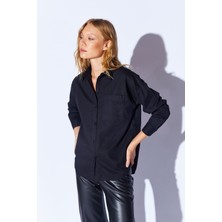 Edition Siyah Oversize Tek Cepli Gabardin Rahat Kesim Soft Dokulu Pamuk Kadın Gömlek - 8174