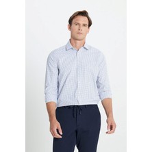 Pamuklu Oxford Slim Fit Dar Kesim Klasik Yaka Armürlü Beyaz-Lacivert Gömlek