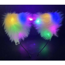 Gu Moda Beyaz Peluşlu Pofuduk Kürklü LED Işıklı Lüks Parti Tacı 20X18 cm