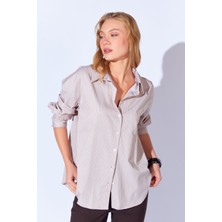 Edition Bej Ince Çizgili Pamuk Saten Oversize Rahat Kalıp Kadın Basic Gömlek Ek100167432yn