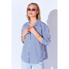 Edition Lacivert Çizgili Oversize Rahat Kalıp Basic Kadın Gömlek Ek100167429yn