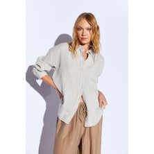 Edition Naturel   Saf  Keten Yıkamalı Lüx Tek Cep Oversize Kadın Gömlek - 9571