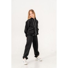 Giyicem Kız Çocuk Ribanası Yazılı Üç Iplik Fermuarlı Eşofman Takımı